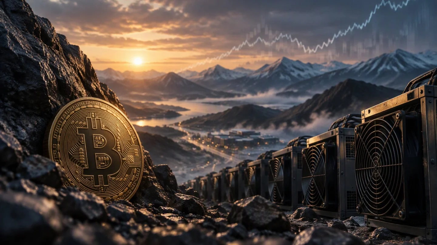 Editorial illustration of rows of bitcoin mining machines under a rising gauge, in muted charcoal, slate and blue