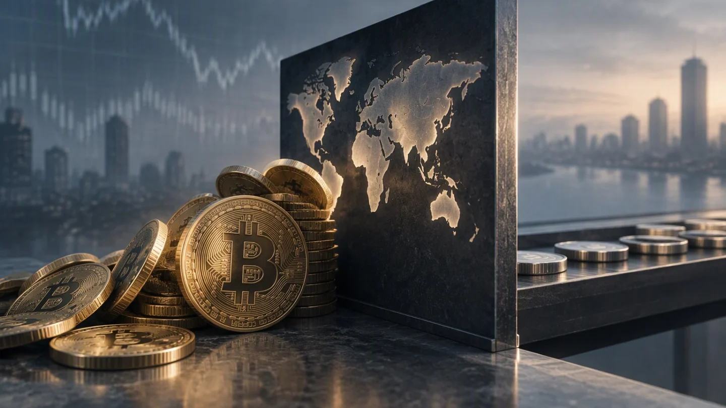 A stone balance scale on a charcoal desk holding a gold bitcoin against a stack of index binders, with muted blue light through tall windows and no logos
