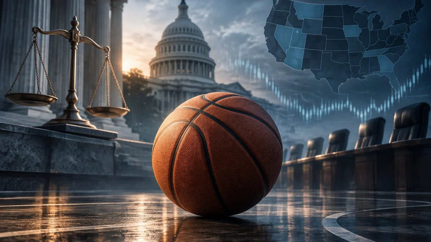 A basketball resting on a trading-floor price board, a federal seal and a map of US states in the background with several states highlighted, in charcoal, slate and blue