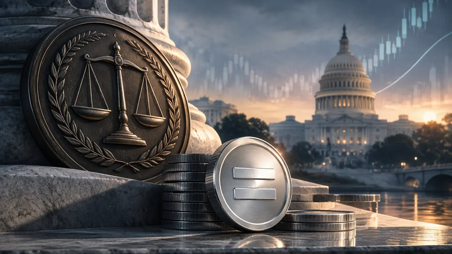 Illustration of the US Capitol behind stacked dollar-pegged coins, for the OCC's final GENIUS Act stablecoin rule
