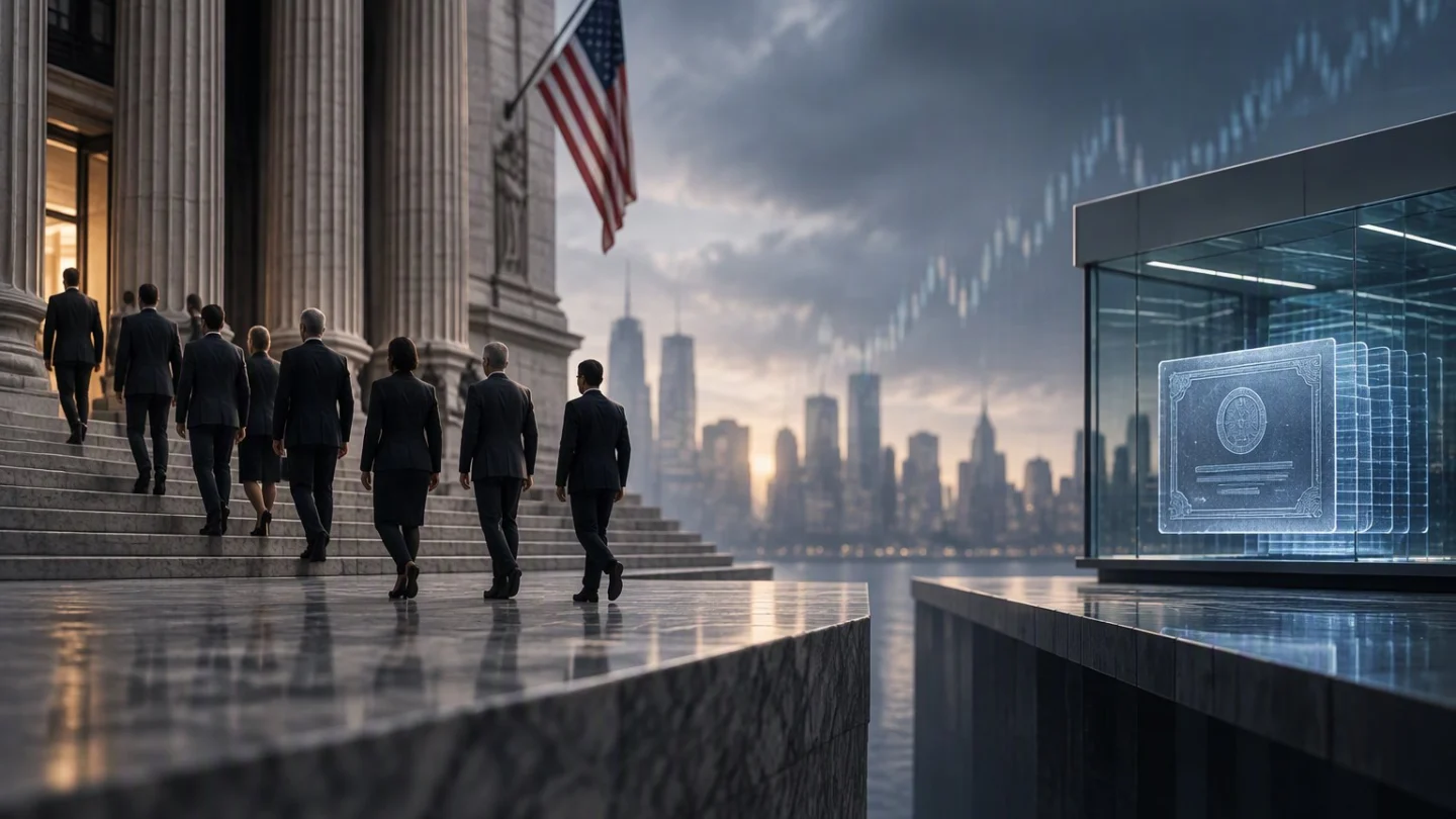 Executives in dark suits walk up the steps of a columned exchange building with a US flag, turning away from a glass case holding a translucent share certificate, with a city skyline and faint market chart behind