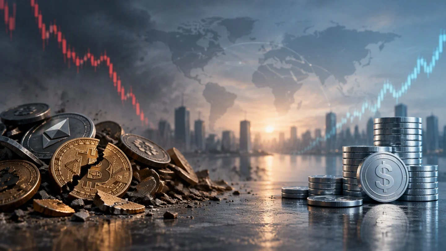 Cracked bitcoin and ether coins lie in rubble on the left, beside neat stacks of silver dollar coins on the right, under a falling red chart