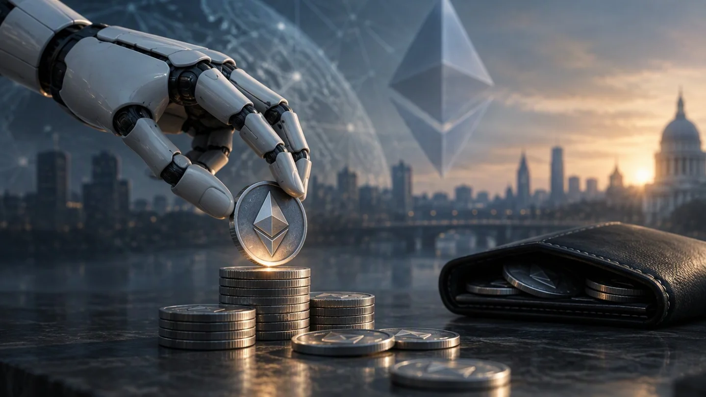 A robotic hand reaching toward a glowing seed-phrase card beside an Ethereum test-network glyph, in muted charcoal, slate and blue cinematic light