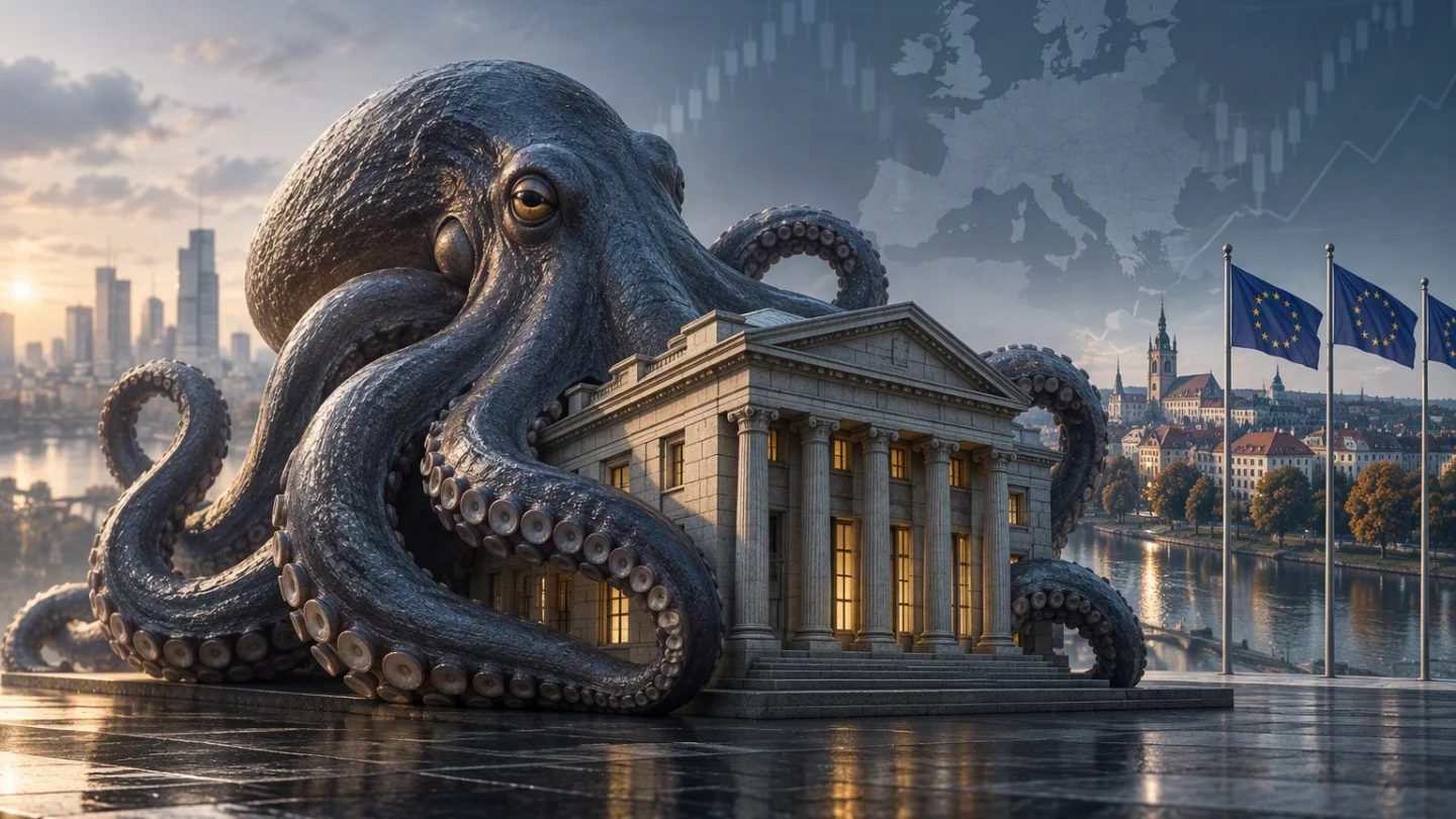 A giant stone octopus wrapping its arms around a classical bank building on a riverbank, with EU flags and an old European town behind it