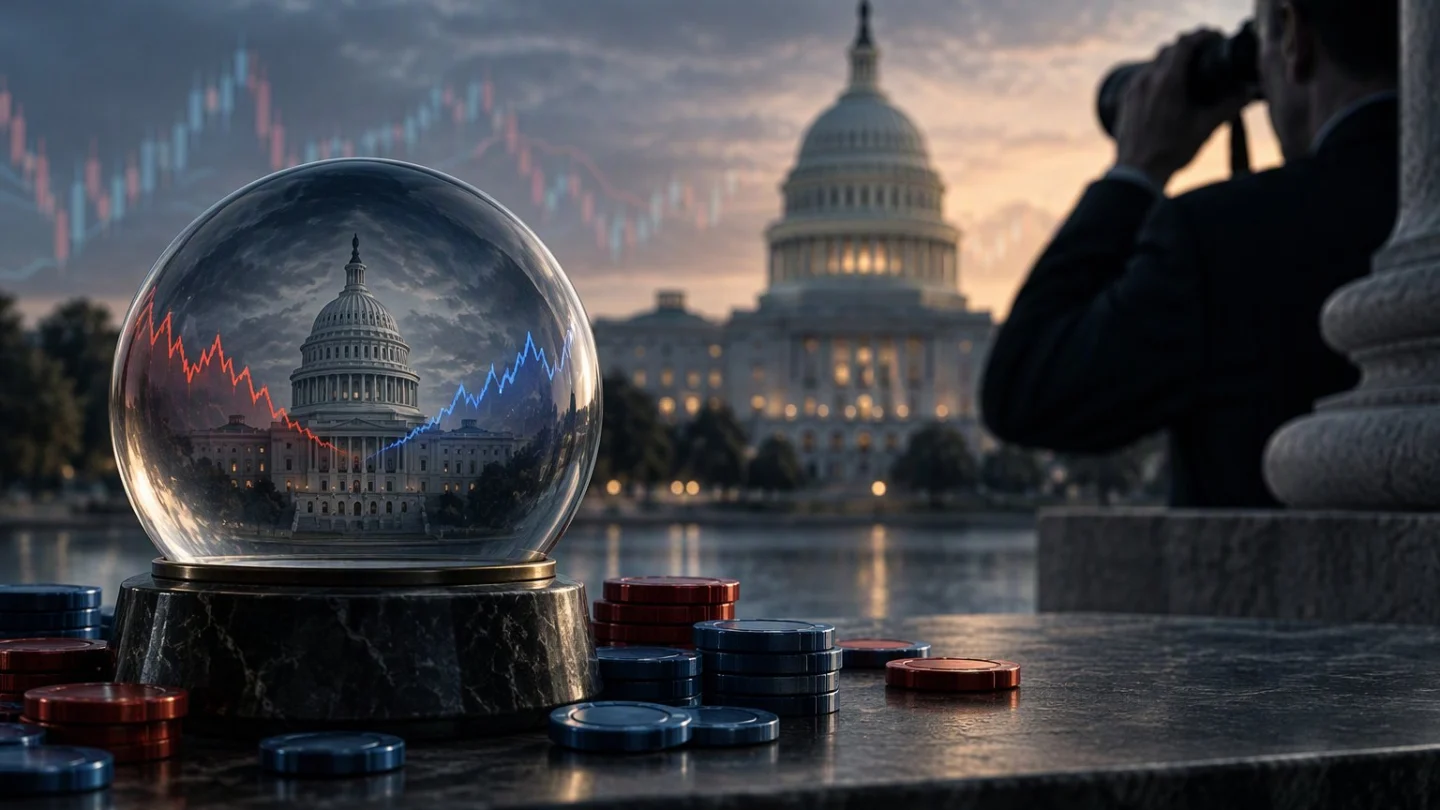A ballot box under a magnifying glass on a trading screen, with the United States subtly highlighted on a map, in charcoal, slate and blue
