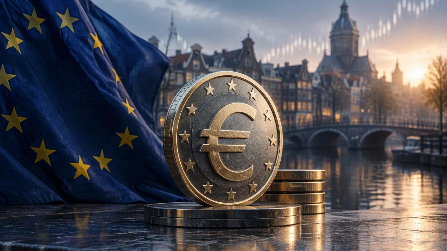 A large silver-and-gold euro coin ringed with stars stands on a wet stone quay beside an EU flag, with Amsterdam canal houses, a bridge and a domed tower at sunset behind it