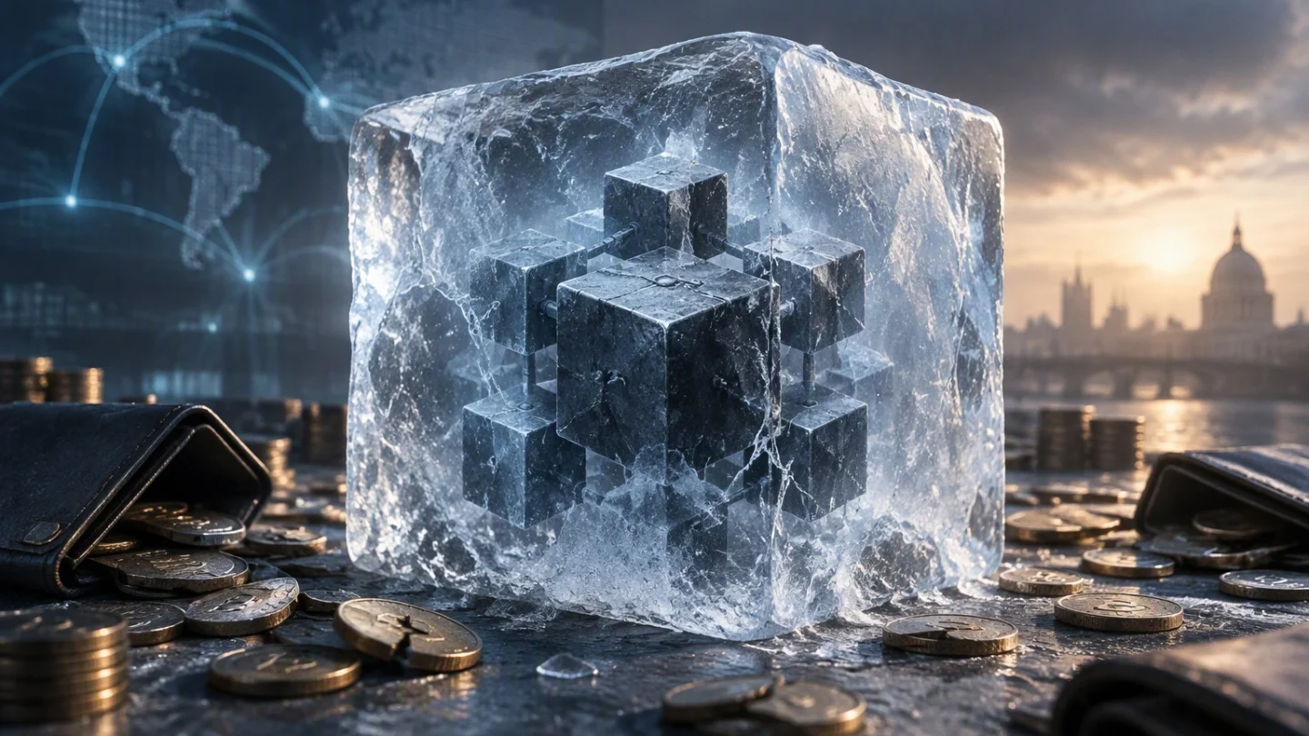 A cluster of dark stone cubes locked inside a block of ice, surrounded by open wallets and scattered coins, with a world map and a city skyline in the background