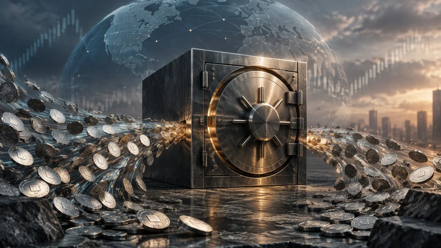 Streams of unmarked silver coins flowing into a steel vault in front of a translucent globe and a dusk city skyline