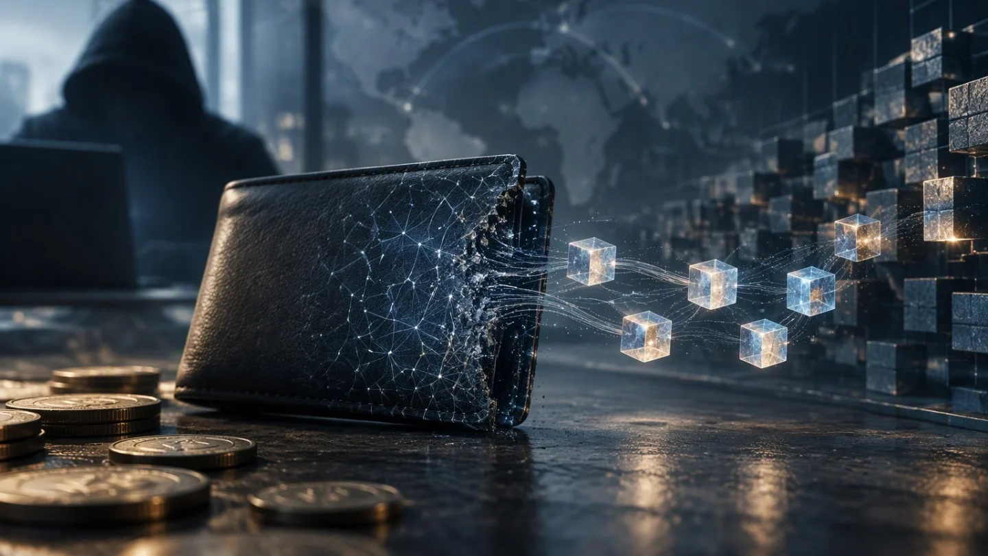 A cracked black wallet leaking glowing data cubes into a network, with a hooded figure at a laptop and a world map behind
