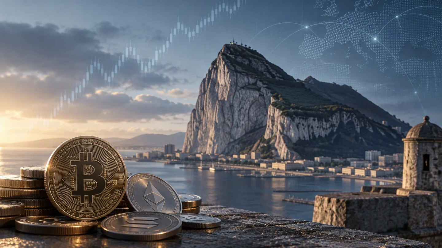 Gold and silver crypto coins on a stone wall in front of the Rock of Gibraltar and its harbour at dusk, with a faint map of Europe in the sky