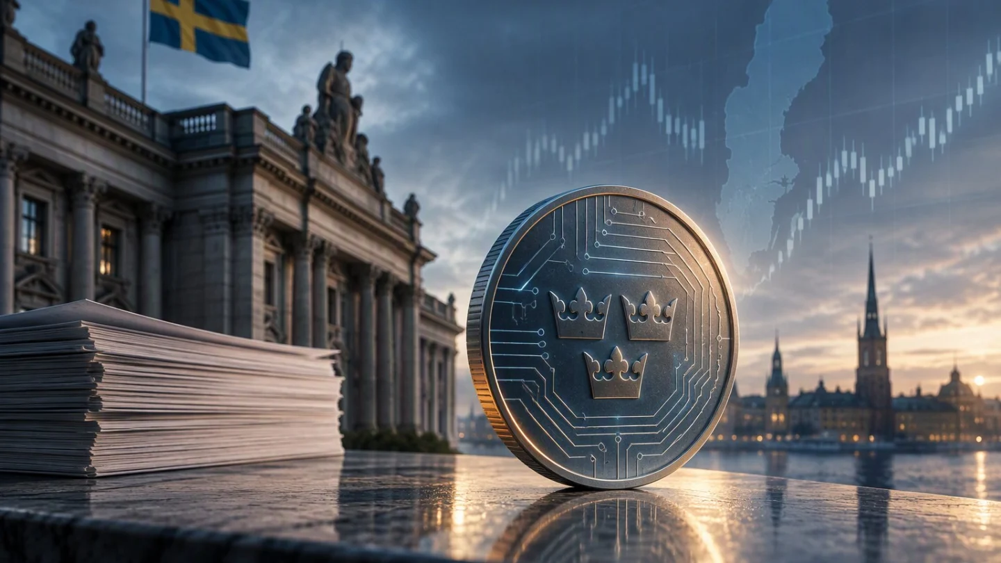 A single glowing Swedish krona coin rising out of a smartphone over a dark map of northern Europe, with Sweden highlighted, in charcoal, slate and blue
