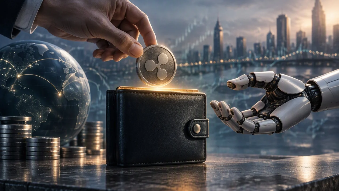 A hand drops an XRP coin into a leather wallet as a robotic hand reaches toward it, a globe and city lights behind