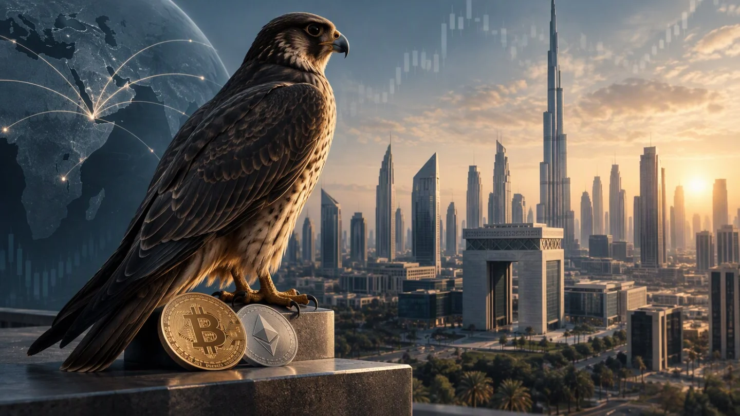 A falcon perched beside a bitcoin and an ether coin above the Dubai skyline and the DIFC gate building at sunset, with a globe showing the Middle East