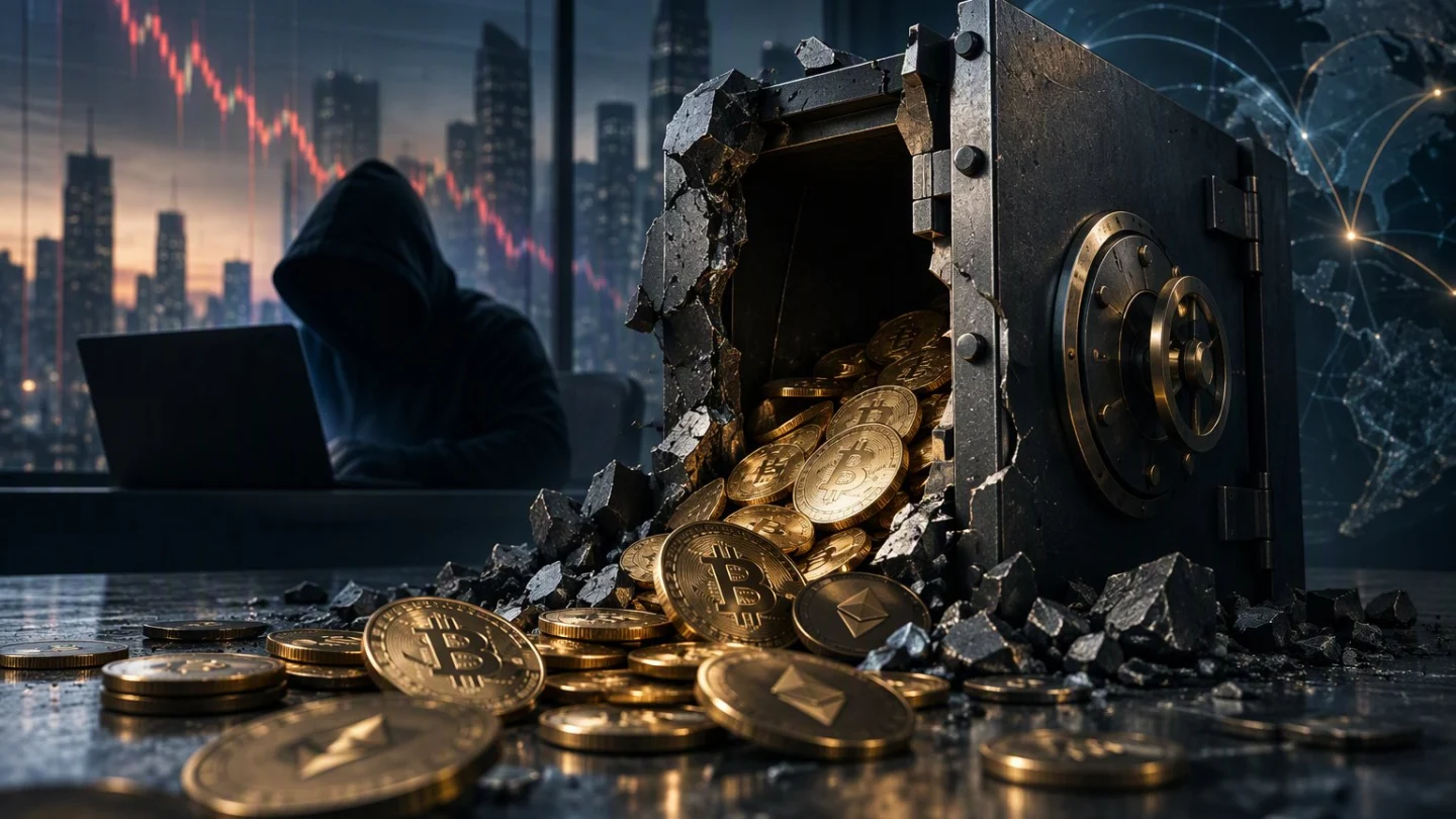 A vast exchange vault door standing ajar at night with a single open laptop glowing on the floor in front of it, streams of coins flowing out into the dark, in charcoal, slate and blue