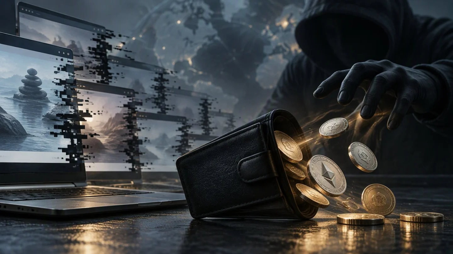 Laptop screens breaking into glitching pixels beside a leather wallet spilling coins toward a hooded figure's hand, in charcoal, slate and blue
