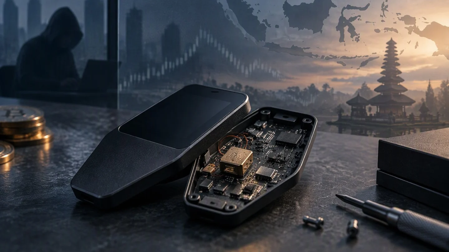 An opened hardware wallet on a dark workbench with a thin extra circuit board lifted out under a lamp, the outline of Indonesia highlighted on a map behind, in charcoal, slate and blue