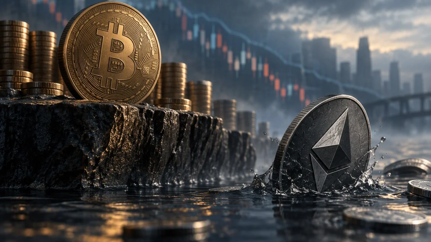 A gold bitcoin coin standing on a rock ledge beside stacked coins while a dark ether coin sinks into water below, with a falling candlestick chart and a city skyline under storm clouds