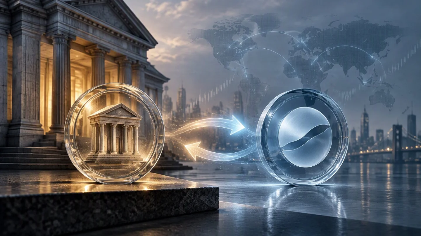 Two glass coins linked by arrows in both directions, one holding a bank building and the other a stablecoin symbol, in front of a bank facade and a city skyline at dusk
