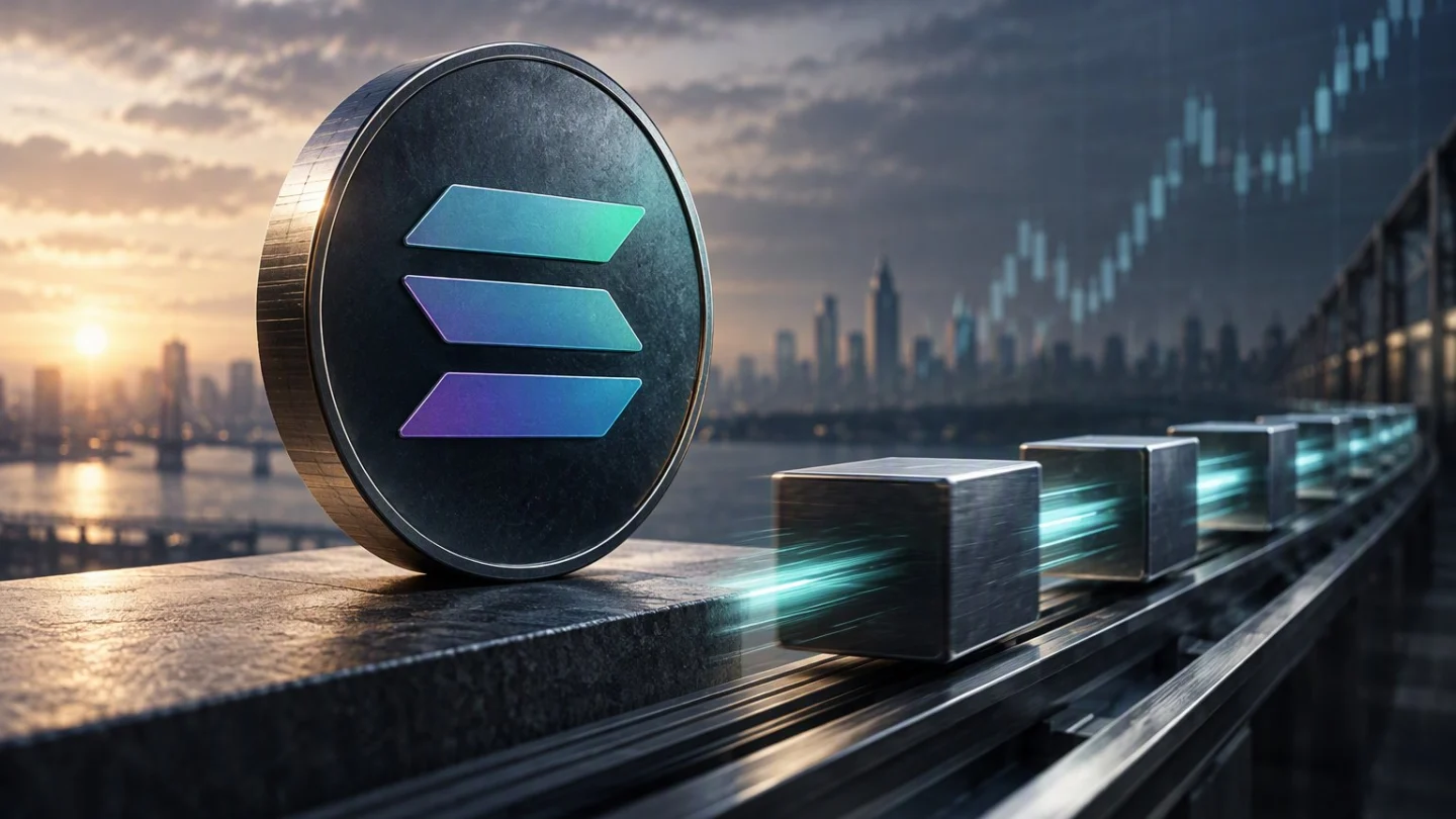 Solana coin beside a row of metal blocks speeding along a rail toward a city skyline