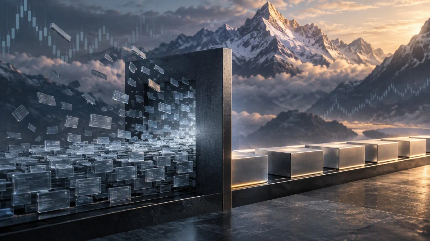 Illustration of a stream of glass vote tiles giving way to a short row of steel blocks before a mountain range, for Solana's Alpenglow switch