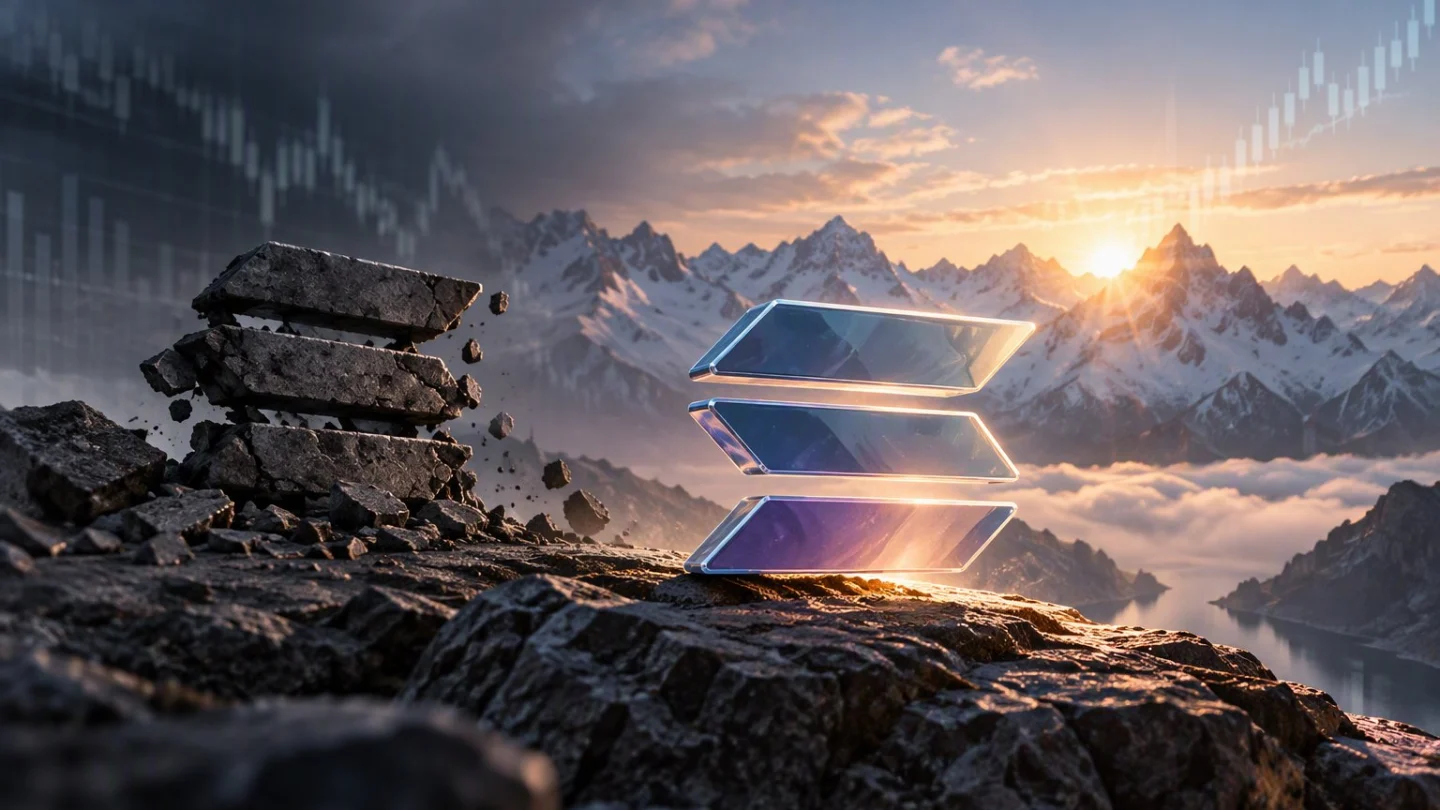 Three glass bars in the shape of the Solana symbol standing on a mountain ridge at sunrise, beside a crumbling stack of stone slabs