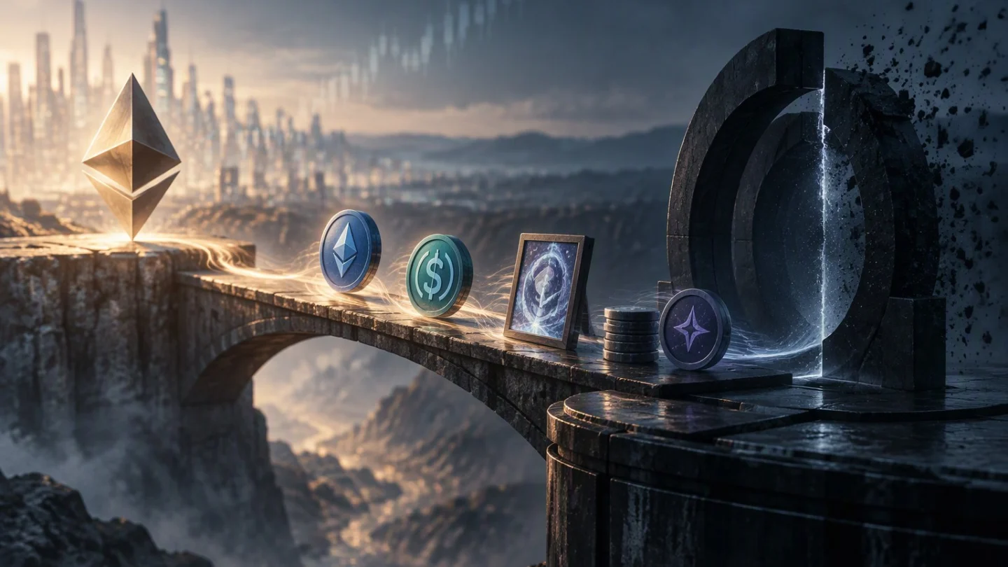 Tokens and a framed collectible crossing a stone bridge from a crumbling portal toward a glowing Ether symbol and a distant city