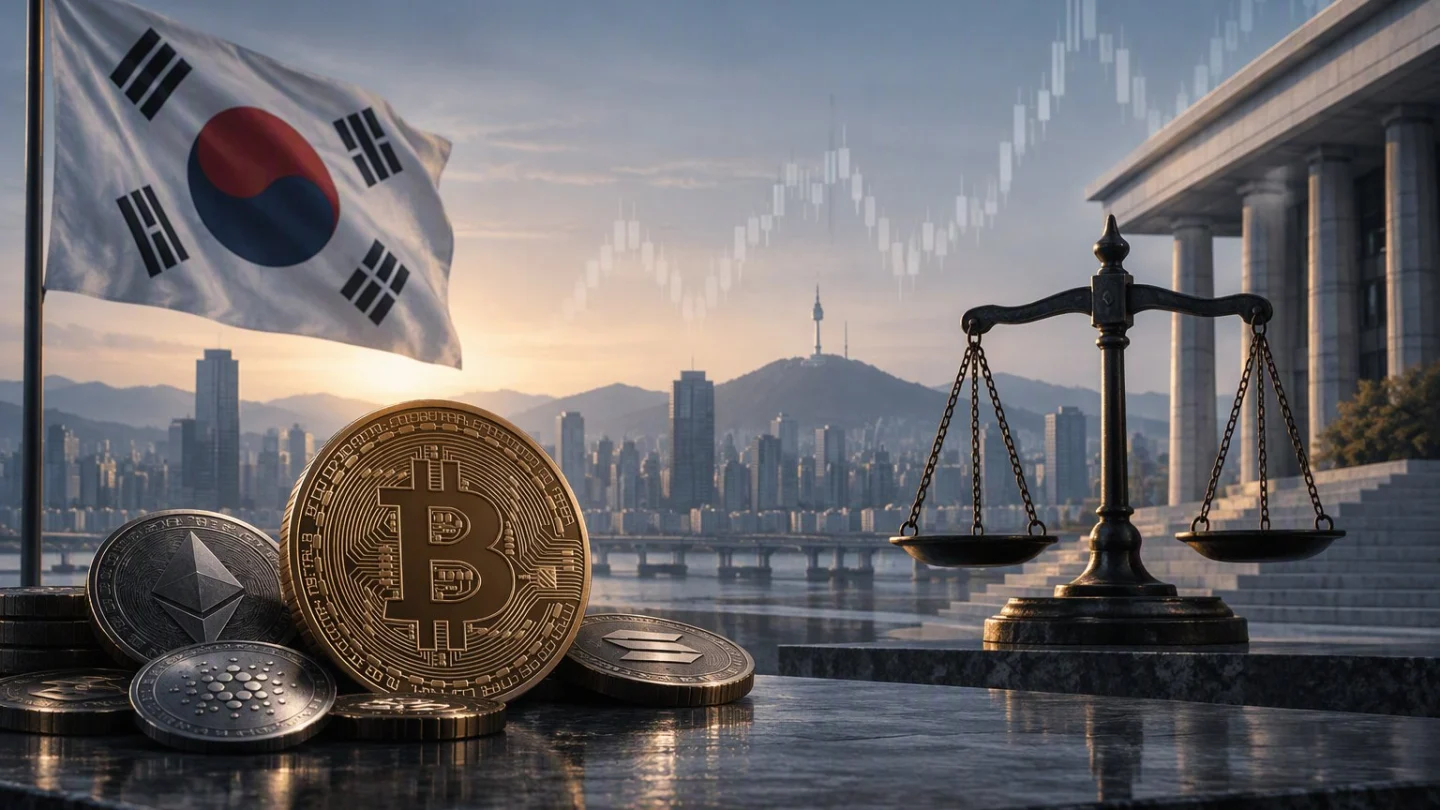 A South Korean flag over the Seoul skyline and Namsan tower at dusk, with bitcoin and other crypto coins on a stone ledge beside a balance scale in front of a columned government building