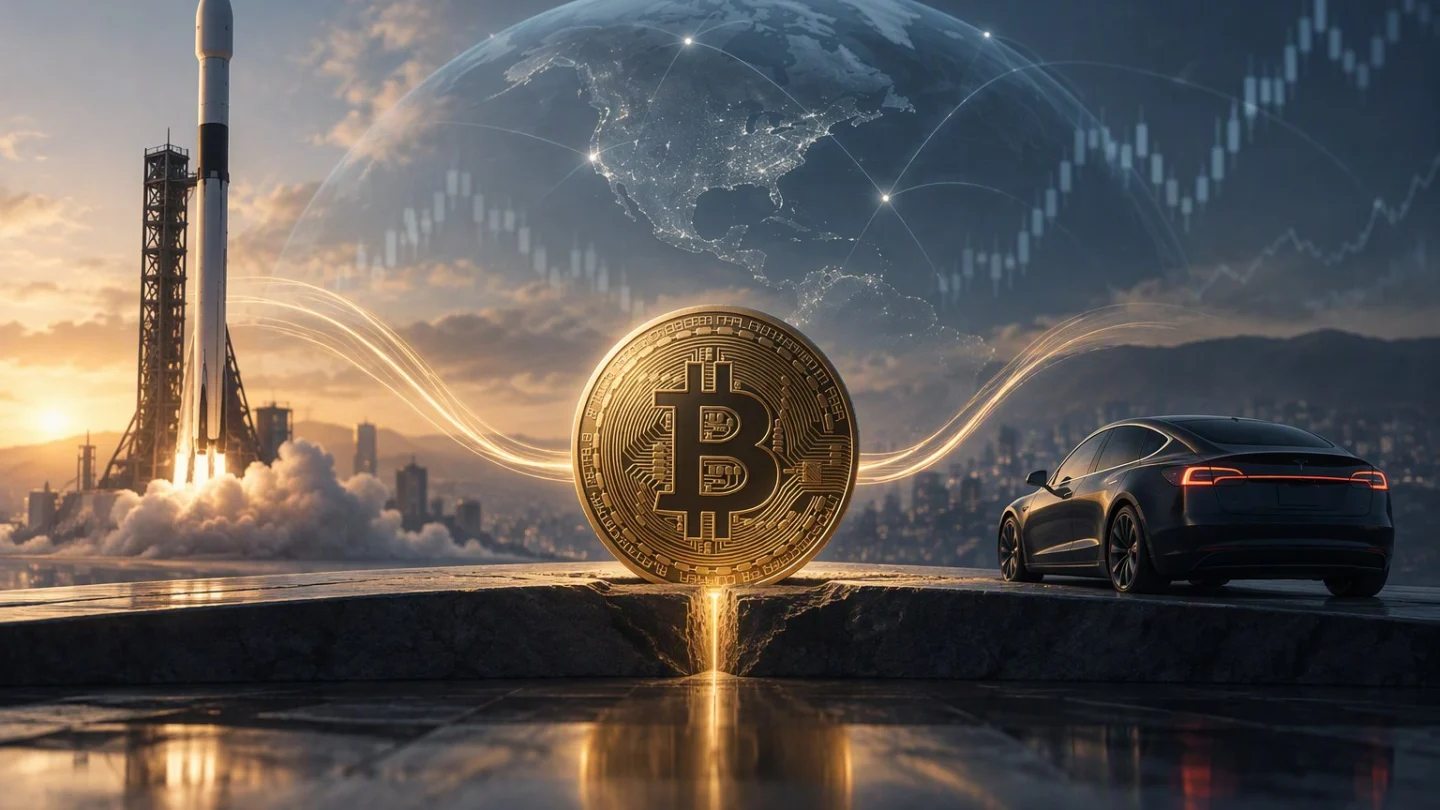 Editorial illustration for SpaceX and Tesla studying a merger that would combine their bitcoin holdings