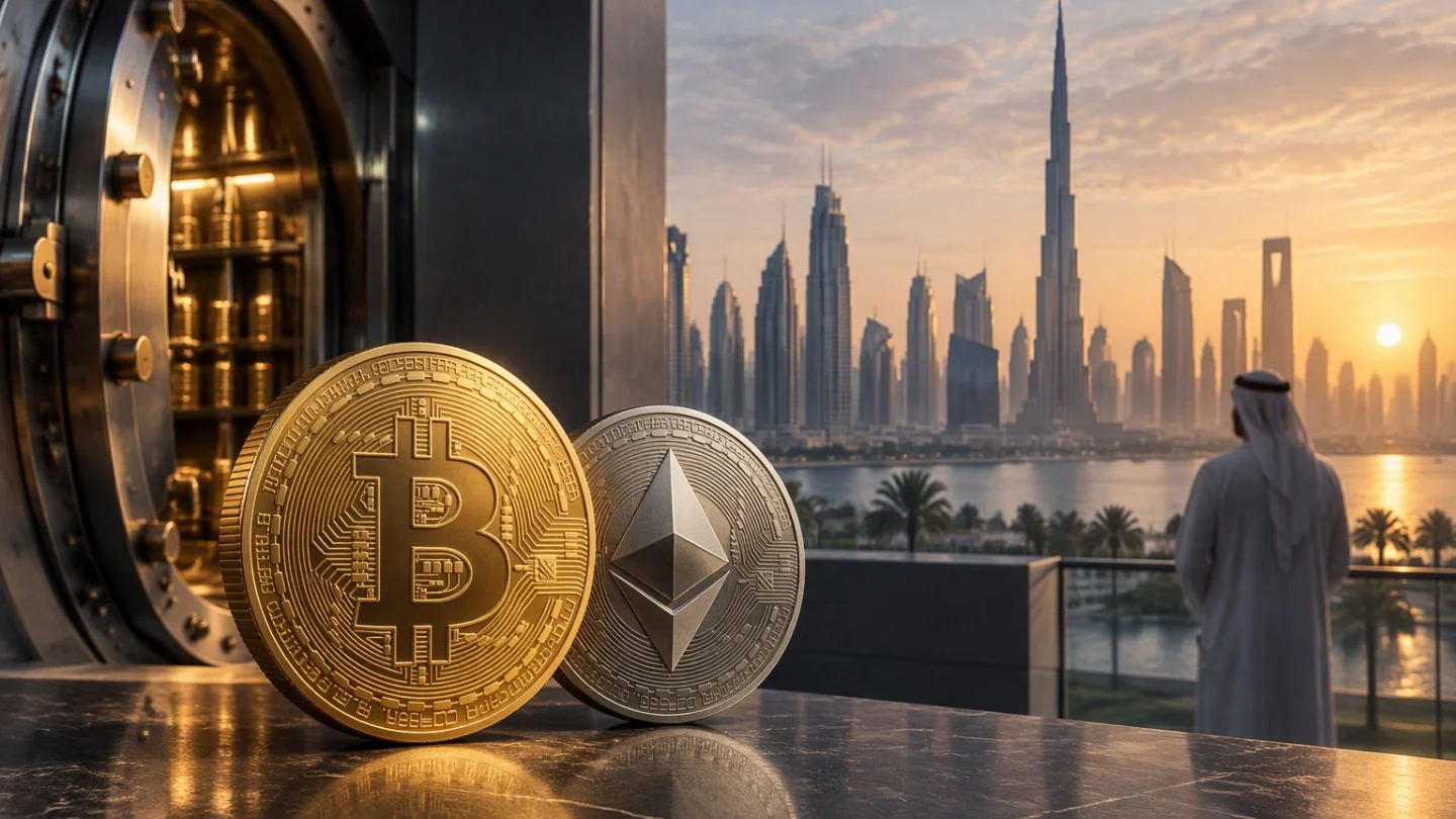 A gold bitcoin and a silver ether coin on a marble counter beside an open bank vault, looking out over a Gulf city skyline at sunset