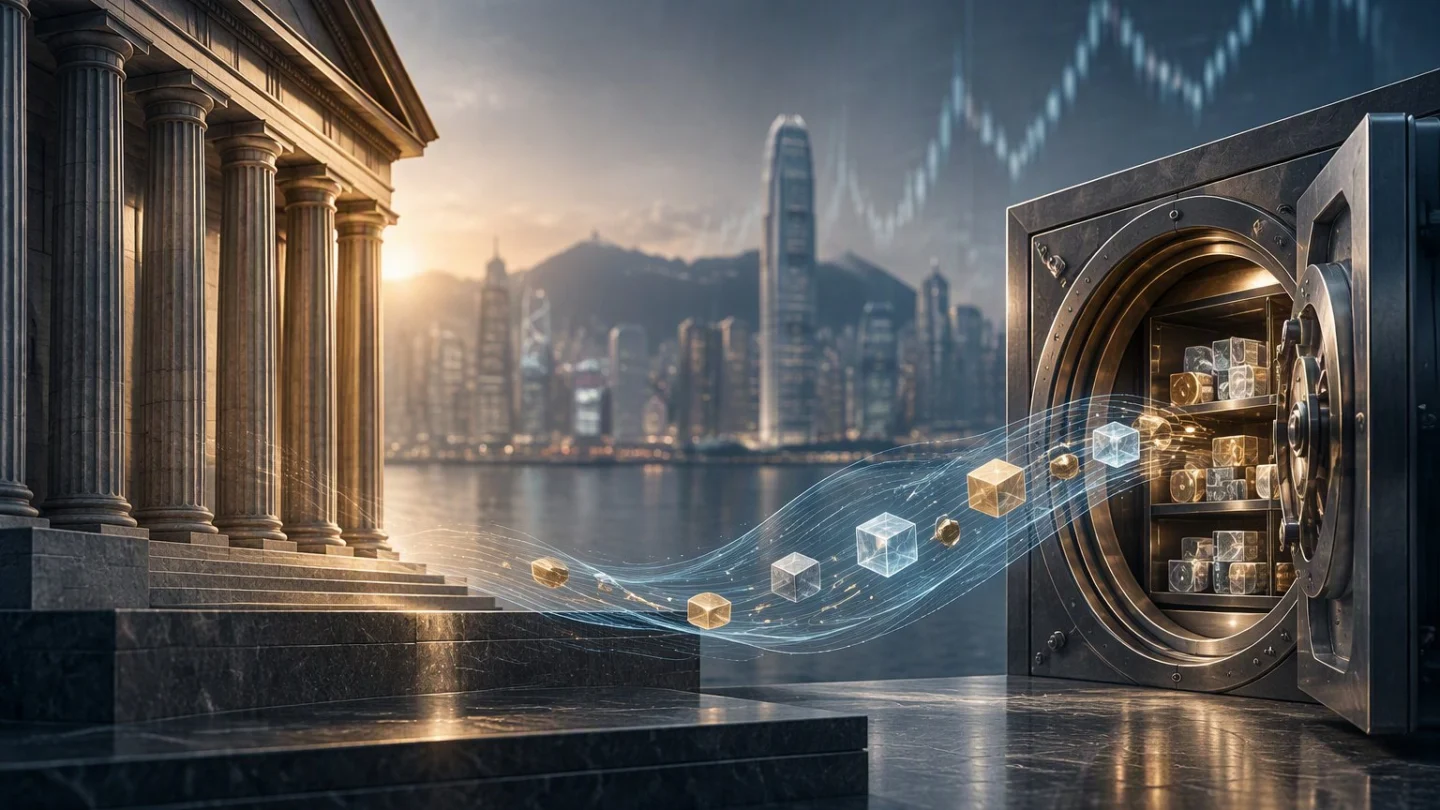 Illustration of a classical bank facade and an open vault receiving glowing digital tokens across the Hong Kong harbour, for Standard Chartered's Zodia Custody deal