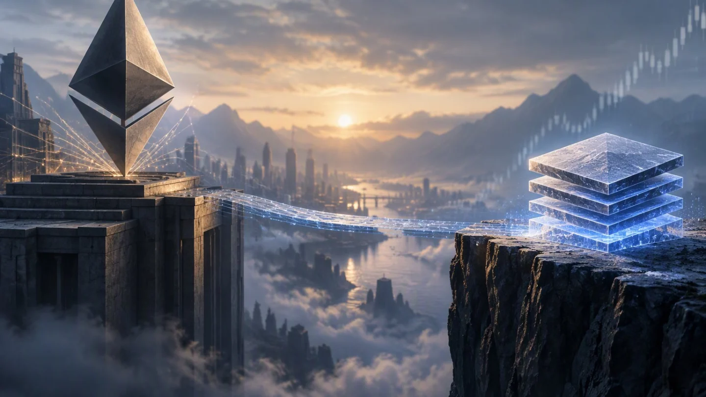 An Ethereum-style monument on a cliff linked by a thin glowing bridge to a separate glowing stack of blocks on another cliff