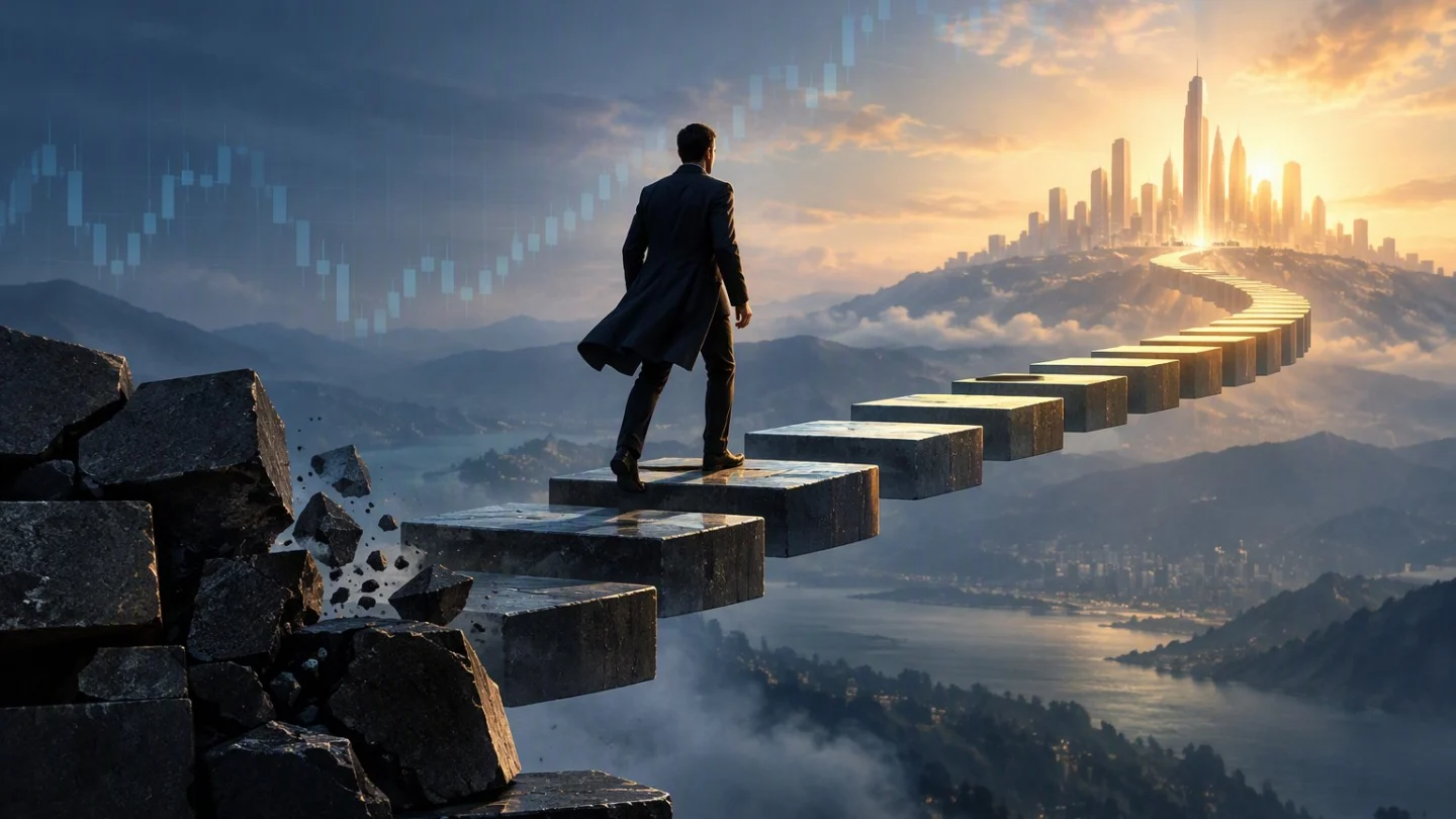 A figure walks across floating stone steps from a broken cliff toward a distant glowing city, with faint candlestick lines in the sky