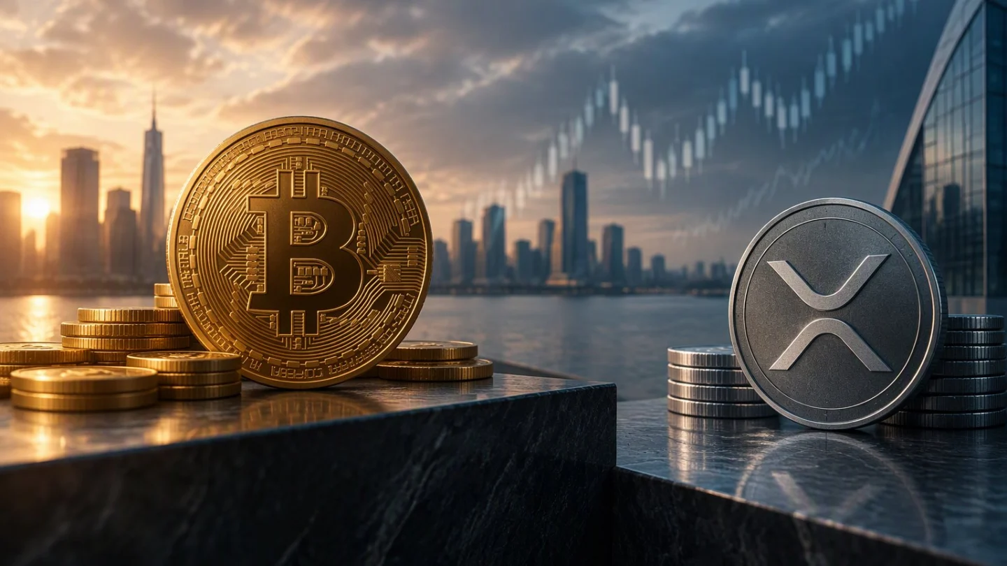A gold bitcoin coin and a silver XRP coin with stacks of coins on two stone ledges, with a city skyline at sunset