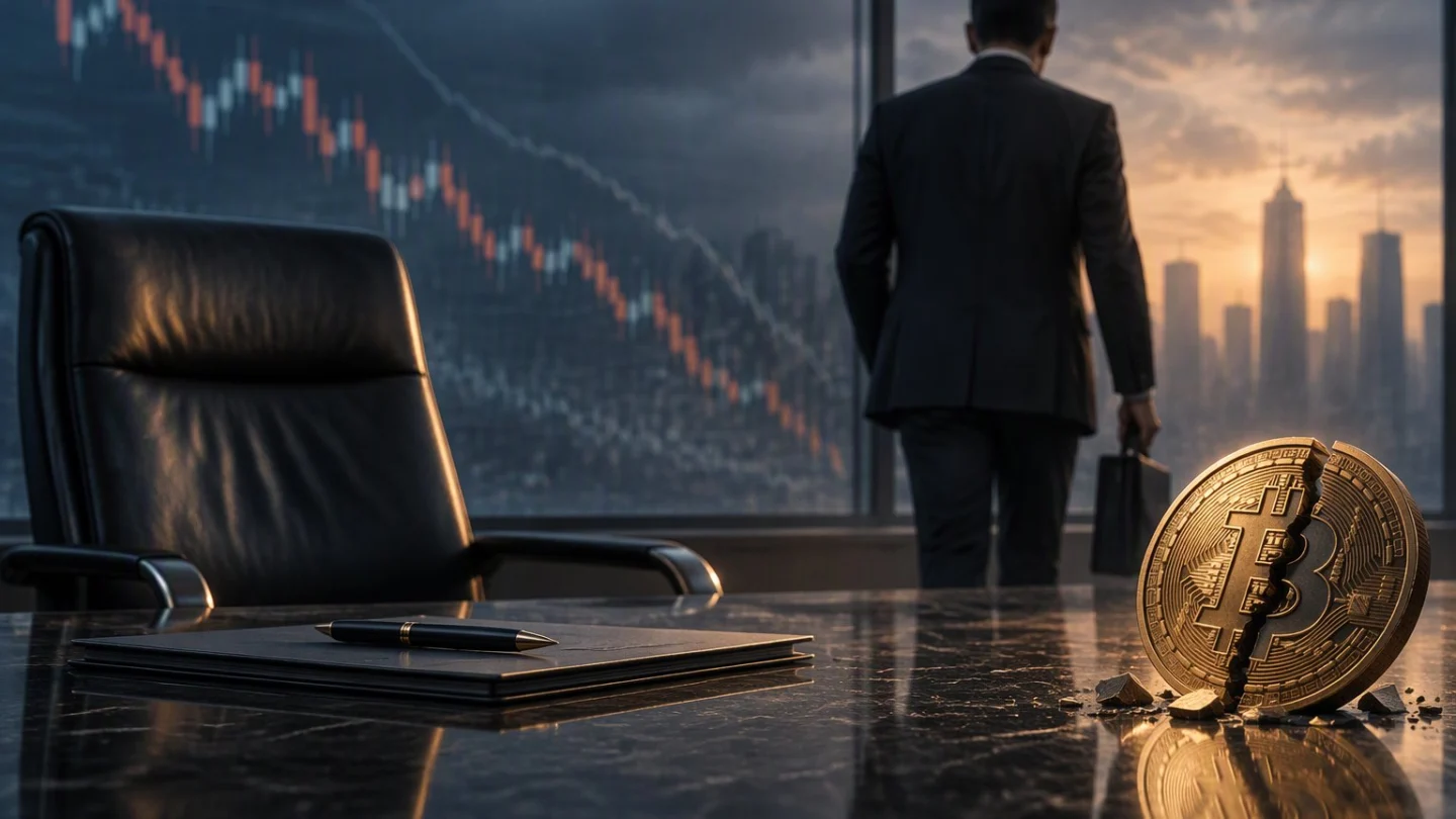 An empty executive chair at a long boardroom table facing a large stack of bitcoin coins, a few coins set aside toward a ledger, in charcoal, slate and blue
