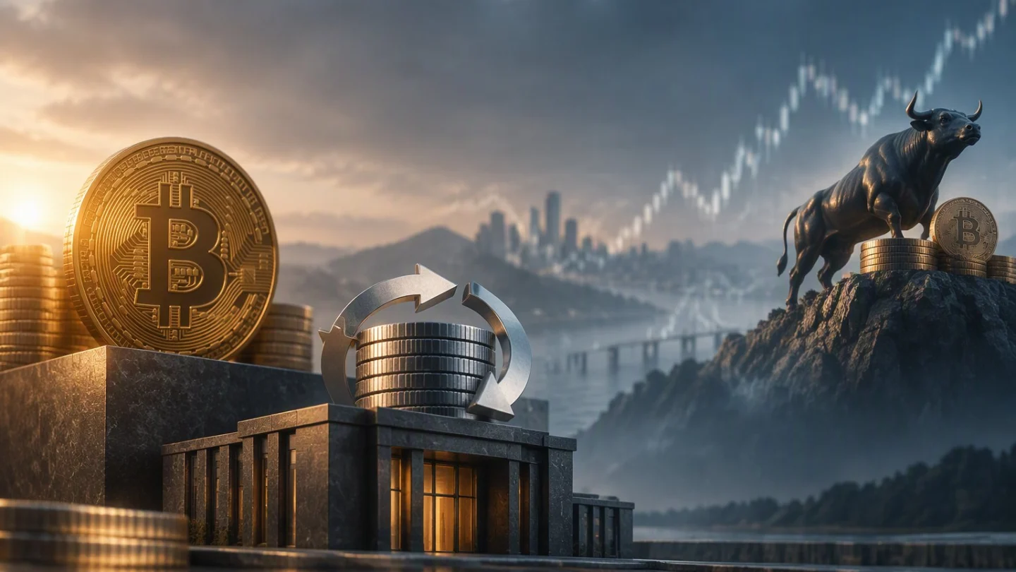 A large bitcoin vault door standing closed while stacks of preferred-share certificates are carried back into a stone treasury building, in charcoal, slate and blue
