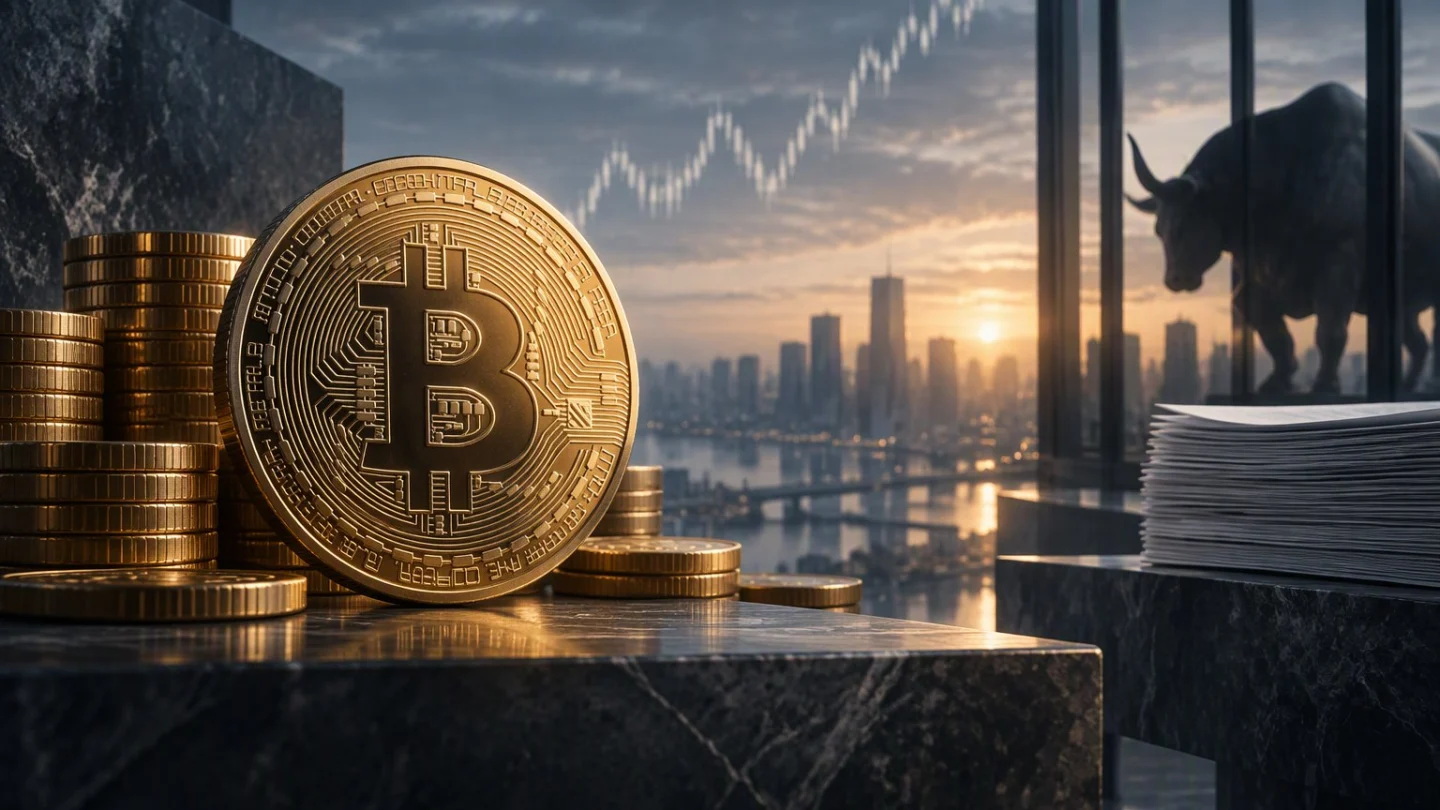 A gold bitcoin coin and stacks of coins on a dark marble ledge, a stack of documents and a bull silhouette by a window over a city skyline at dusk