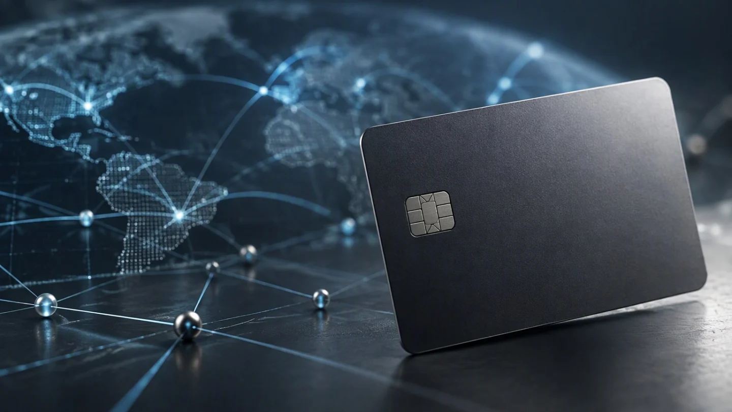 A blank muted charcoal payment card above soft slate and blue network nodes on a dark desk, with no landmarks, logos or text