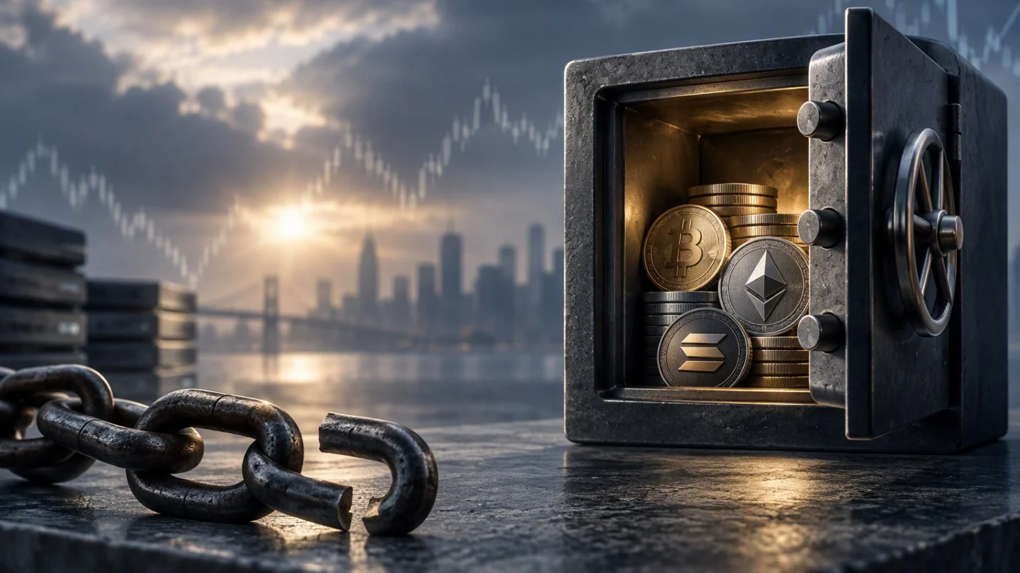 An open steel safe holding bitcoin, ether and solana coins beside a broken chain, against a grey city skyline and a falling price chart