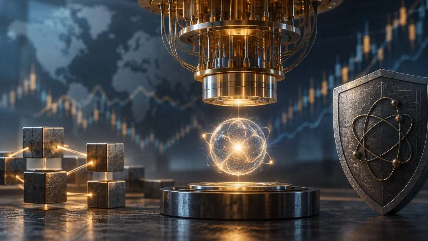 A quantum cryostat above a glowing atomic orb, a shield and linked metal cubes on a dark desk before a world map and chart