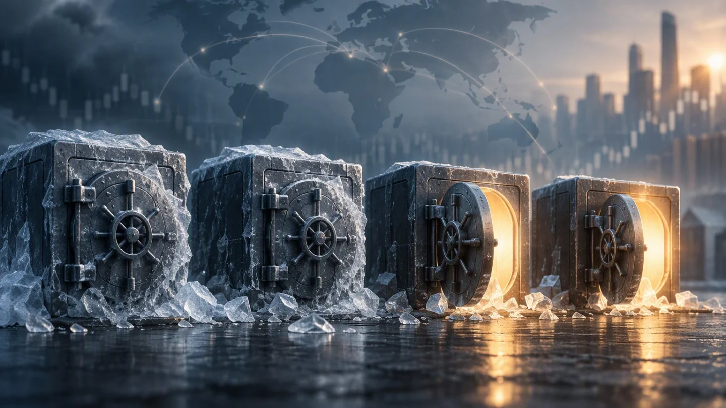 Four steel vaults in a row, two frosted over with ice and two open with warm light inside, in front of a world map