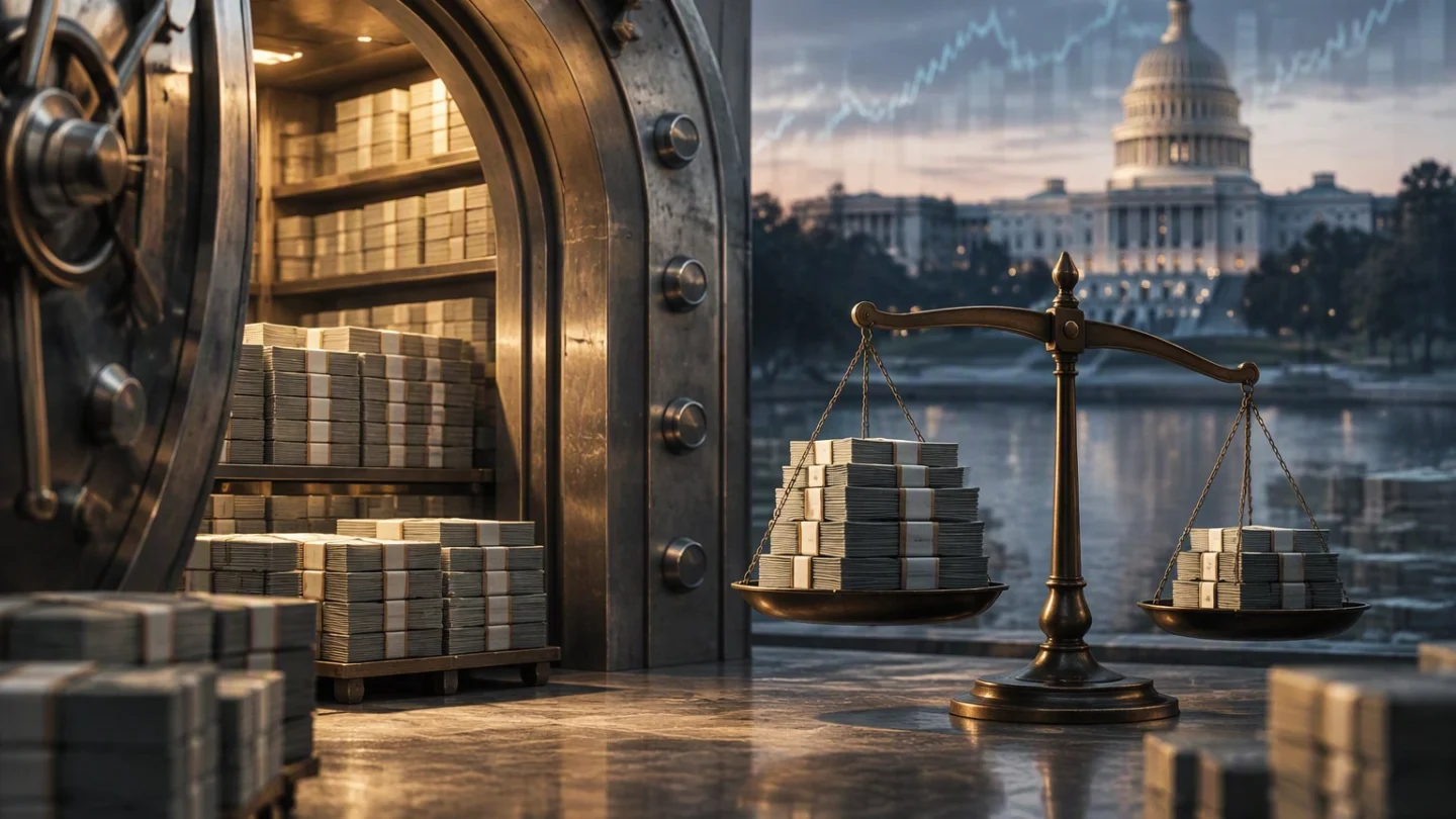 An open bank vault stacked with bundled notes beside a balance scale weighing two piles, the US Capitol and a faint rising chart in the background at dusk