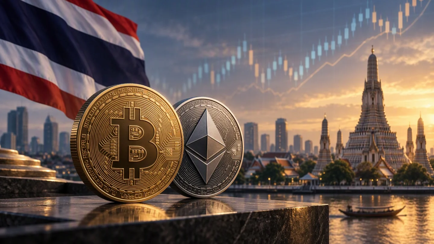 Bitcoin and ether coins beside a Thai flag and Bangkok temple skyline at dusk, with a rising candlestick chart behind