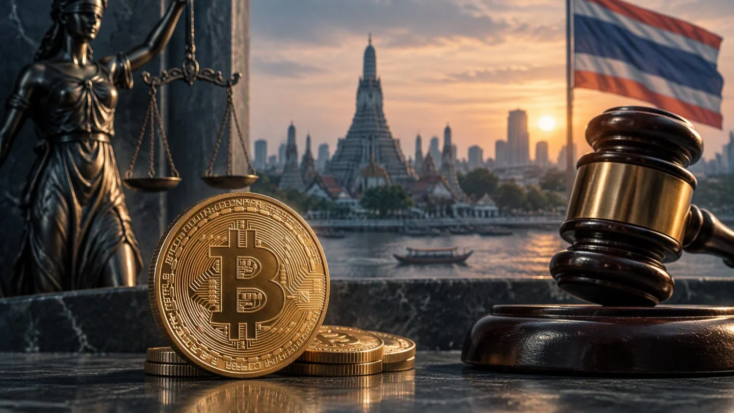 A set of scales of justice holding a single bitcoin, over a map of Southeast Asia with Thailand highlighted, in charcoal, slate and blue