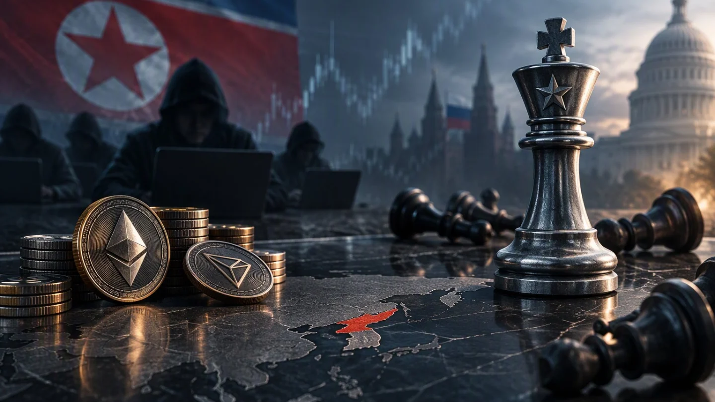 A laptop glowing in a dark room with a map behind it highlighting North Korea and Russia, a chain of coins leading away, in charcoal, slate and blue