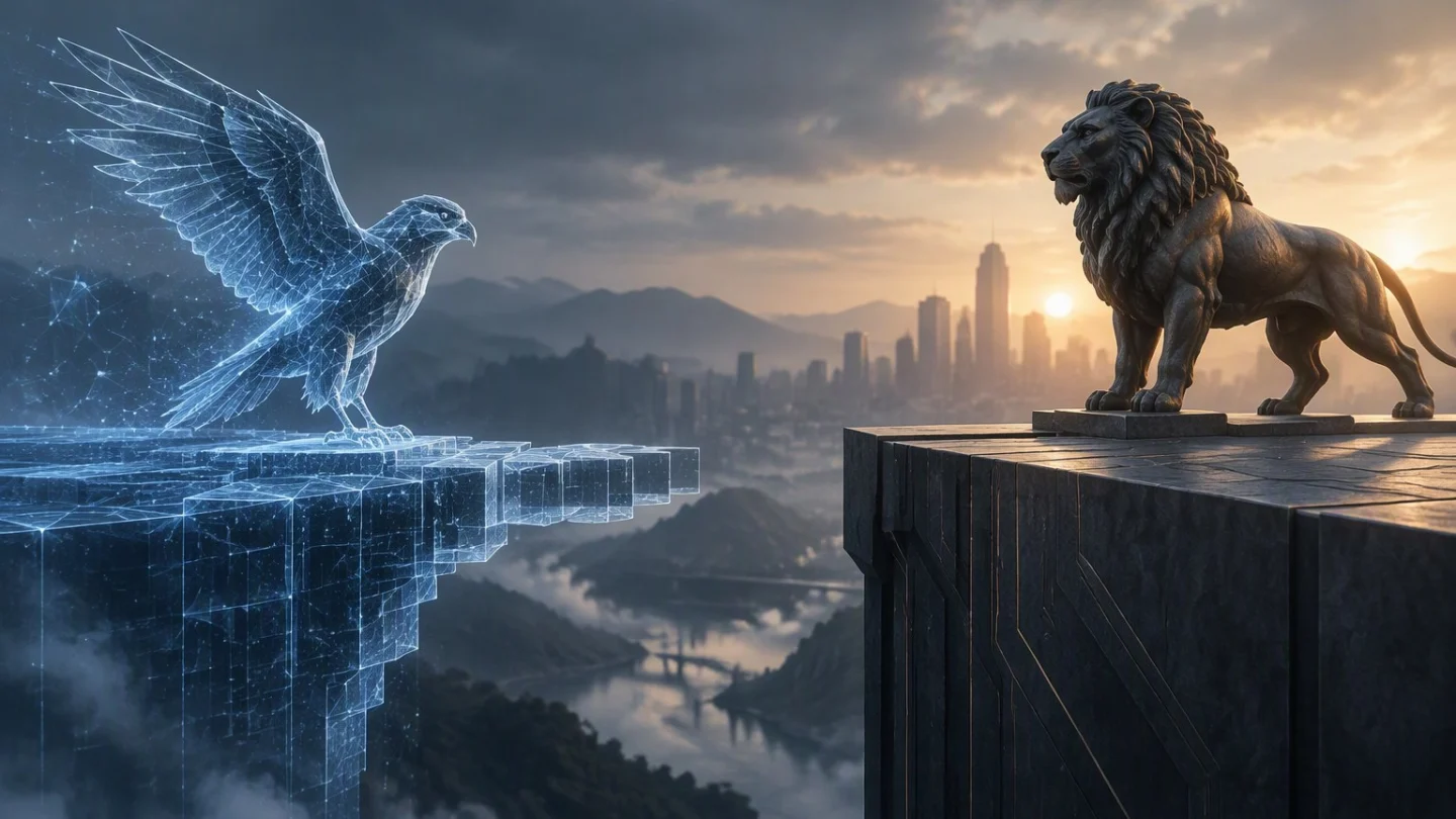 A glowing crystalline falcon on a lattice ledge faces a bronze lion on a dark stone block across a gap, above a city skyline at dusk
