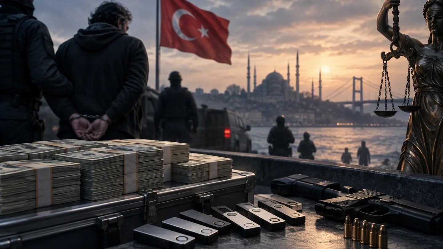 Stacks of US dollar banknotes, hardware wallets, a pistol and bullets on a table by the Bosphorus in Istanbul, with a Turkish flag, a mosque skyline, a scales-of-justice statue and police officers escorting a person seen from behind