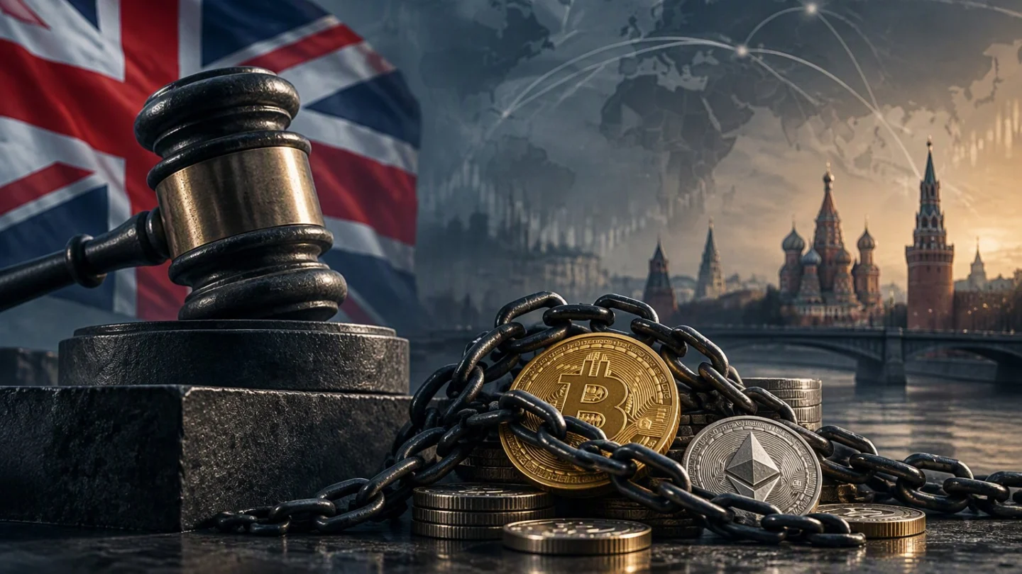 Judge's gavel and an iron chain over crypto coins, with a Union flag and Moscow skyline behind