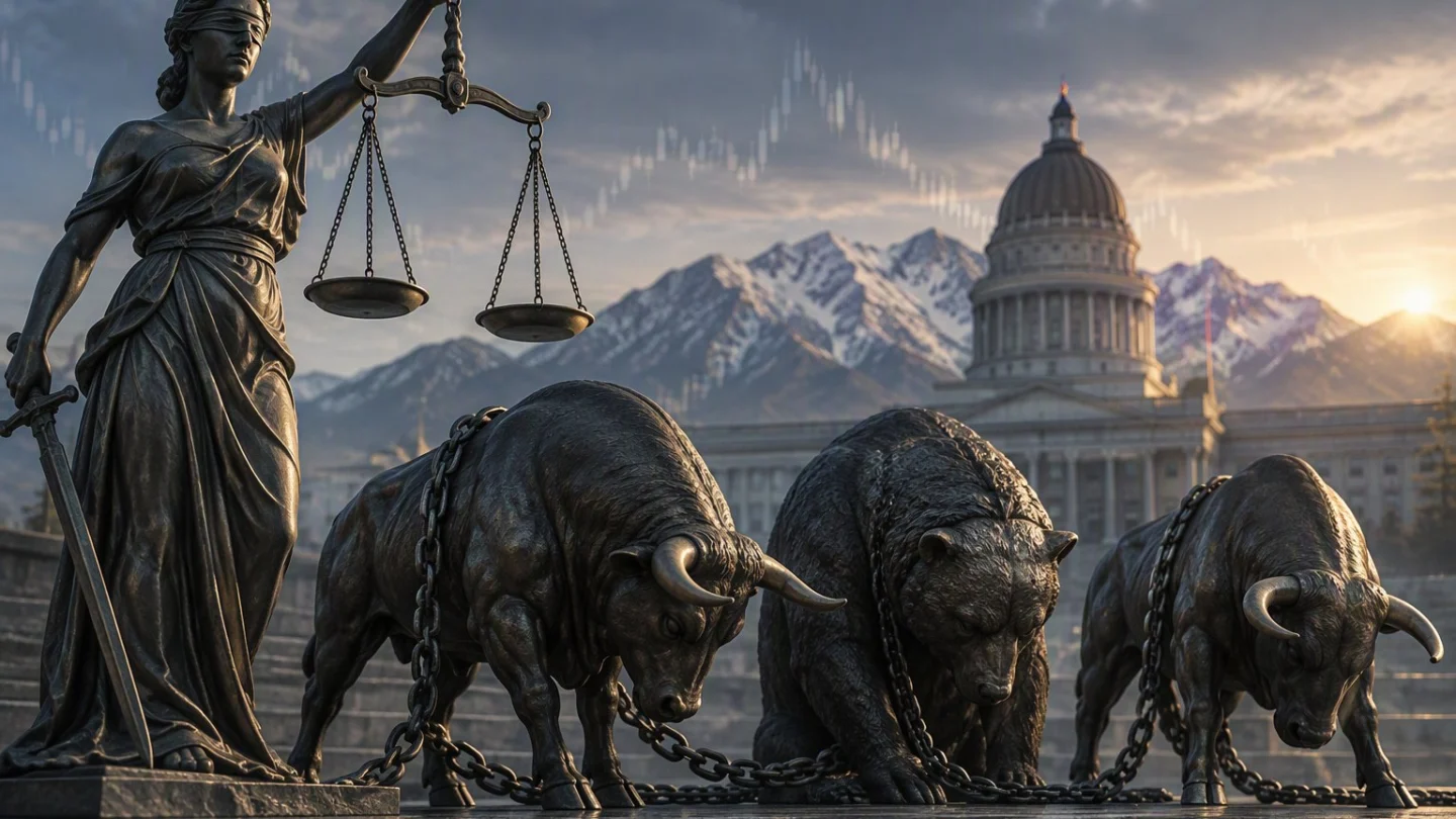 A courthouse on a high plateau with mountain ridges behind it and a phone screen of market odds dimming in the foreground, in charcoal, slate and blue, with the state of Utah highlighted on a small map