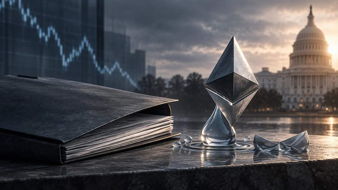 A closed black filing folder beside a steel ether diamond resting on a glass droplet of water on a wet stone ledge, with a falling blue price line and the US Capitol at dusk behind