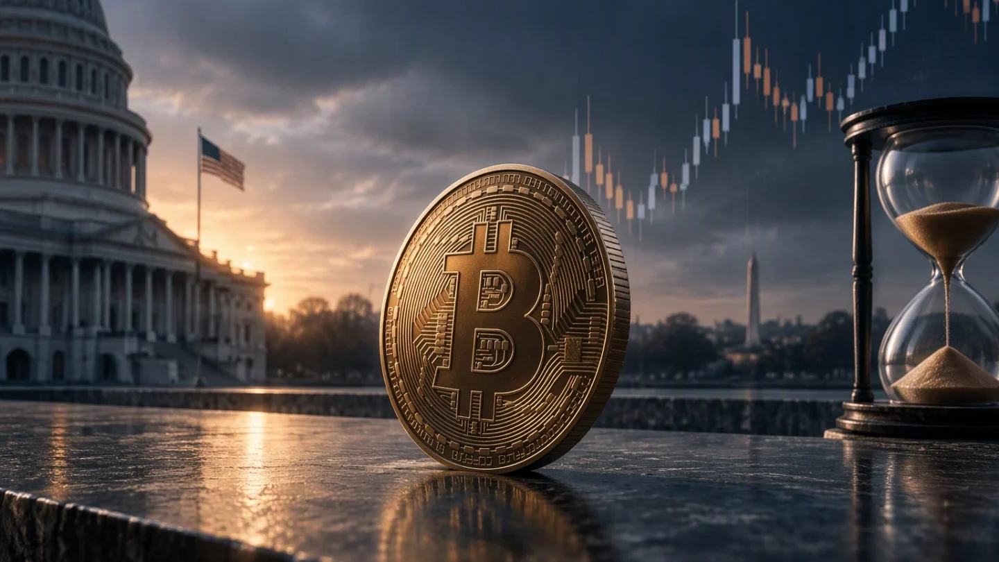 A bitcoin coin standing before the US Capitol at dusk beside an hourglass, with a candlestick chart fading into storm clouds